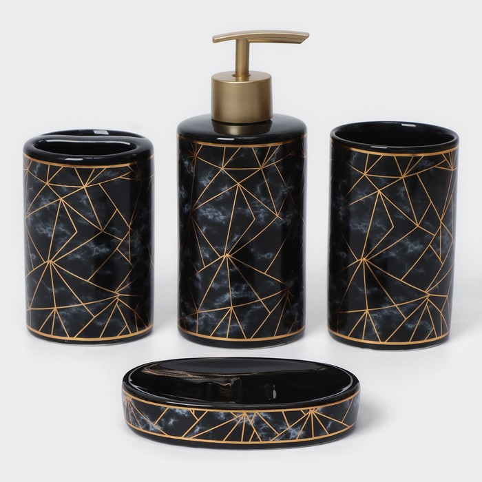 Набор аксессуаров для ванной комнаты &laquo;Лофт&raquo;, 4 предмета (дозатор 250 мл, мыльница, 2 стакана), цвет чёрный