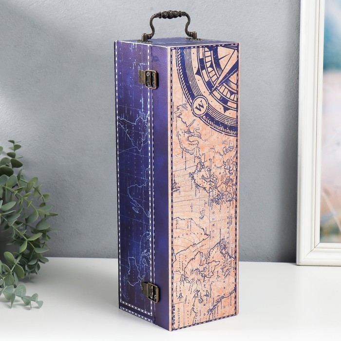 Шкатулка дерево под бутылку "Карта мира" кожзам, синяя 35х11х11 см