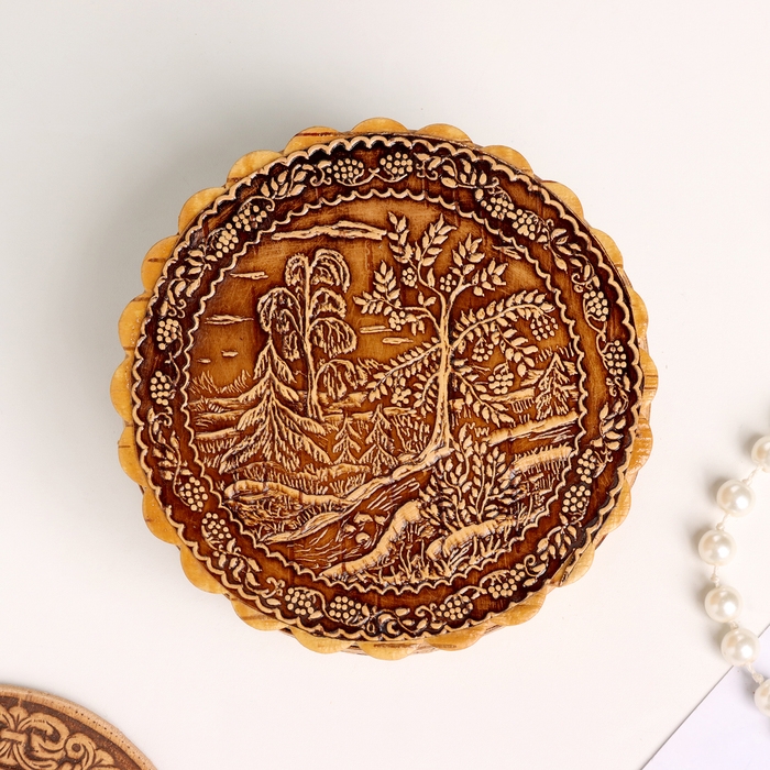 Шкатулка "Пейзаж с деревом", 100 х 40 мм, береста