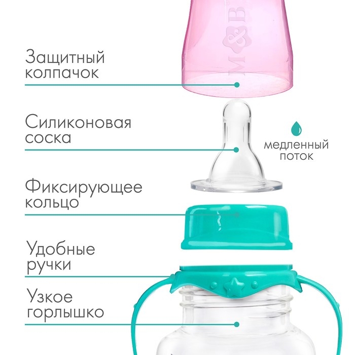 Бутылочка для кормления &laquo;Волшебная пони&raquo;, кдассическое горло, с ручками, 150 мл, от 0 мес., цвет бирюзовый