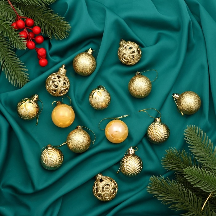 Набор шаров пластик d-4 см, 30 шт "Мелодия" орнамент, золото