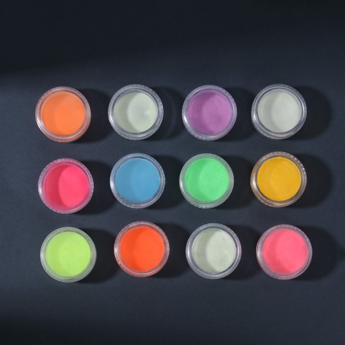 Пигмент для ногтей, светящийся в темноте, набор 12 баночек, 3 гр, разноцветный Пигмент для ногтей, светящийся в темноте, набор 12 баночек, 3 гр, разноцветный