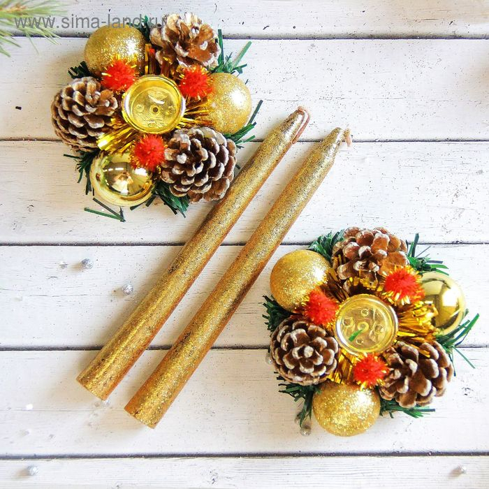 Свеча новогодняя с подсвечником "Золотые шары" (набор 4 шт) 4х13х17 см