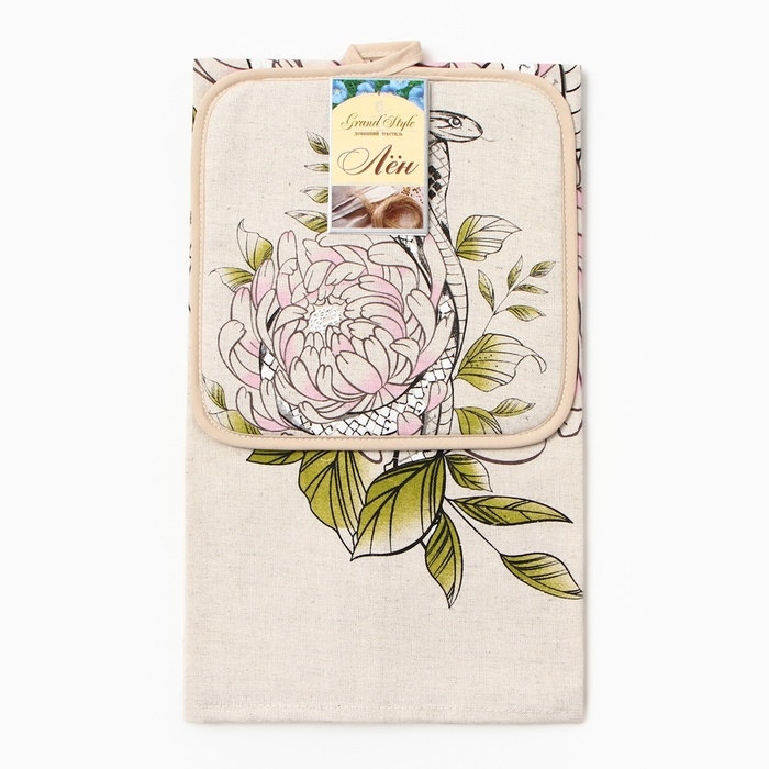 Кухонный набор "Кобра в цветах" (полот. 39х60 + прихв. 18х18см) 160г/м, лен50% хл50%
