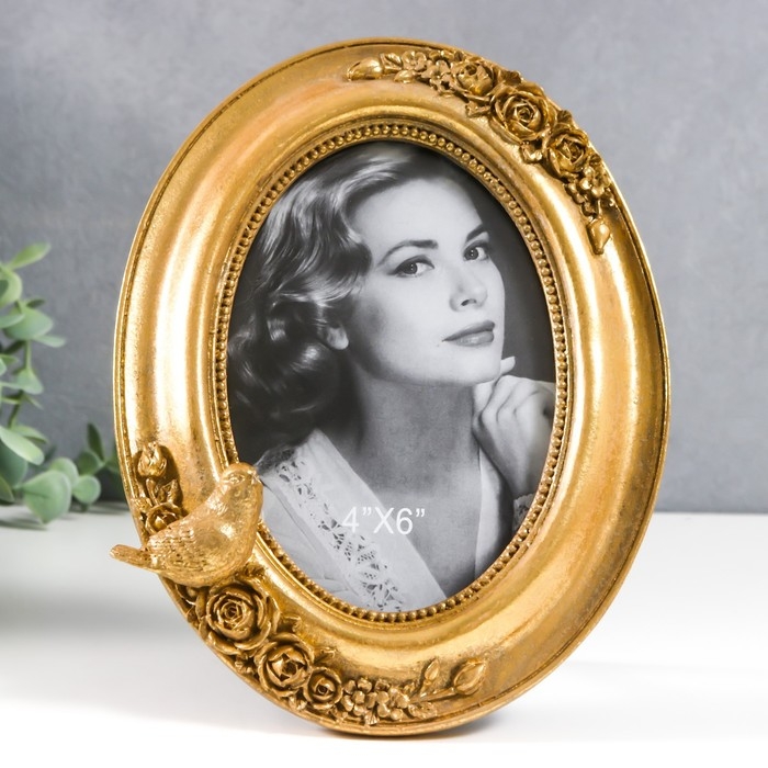 Фоторамка полистоун 10х15 см овальная Фоторамка полистоун 10х15 см овальная "Золотая птичка и розы" золото 20х15,5 см