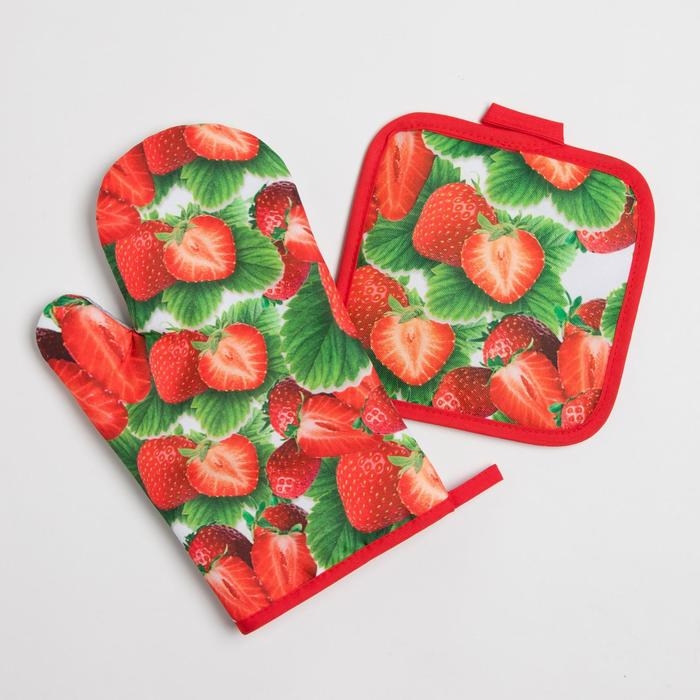 Кухонный набор Доляна &laquo;Клубника&raquo; вид 2, прихватка 17*17 см, рукавица 26*16 см,100% п/э