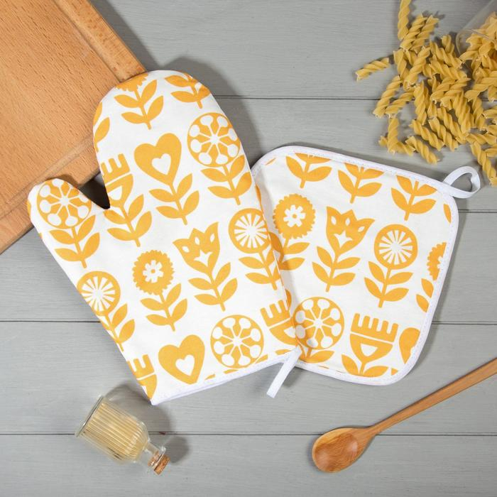 Набор Кухонный Этель Набор Кухонный Этель "Yellow garden", варежка-прихватка 20х27см, прихватка 19х19см, 100% хлопок (МИКС)