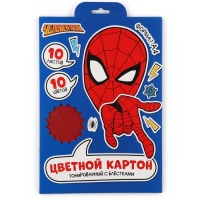 Картон цветной с блёстками, А4, 10 листов, 10 цветов, немелованный, двусторонний, в папке, 250 г/м&sup2;, Человек-паук