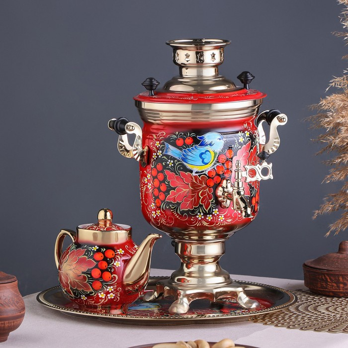 Набор &laquo;Рябина&raquo;, 3 предмета, самовар 3 л, заварочный чайник 0,7 л, поднос