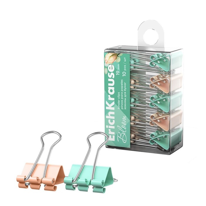 Набор зажимов для бумаг ErichKrause Набор зажимов для бумаг ErichKrause "Pastel Bloom", 19 мм, 10 штук, микс, в пэт-боксе
