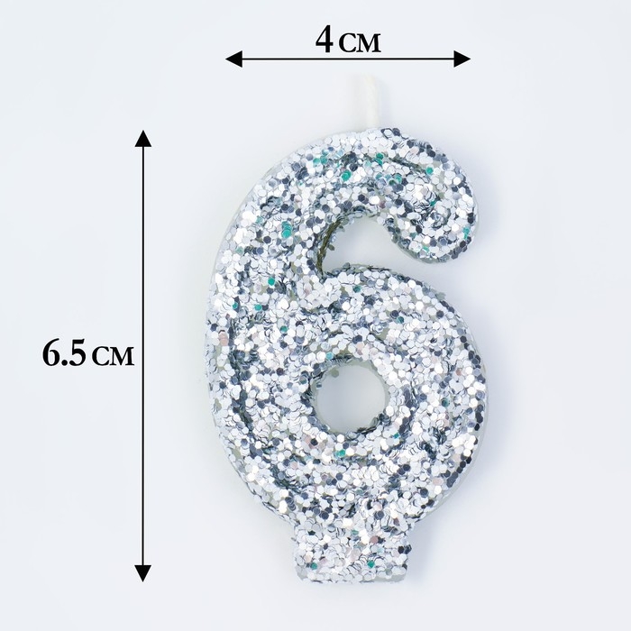 Свеча в торт &laquo;Блестки&raquo;, цифра "6",серебро, 6.5х4