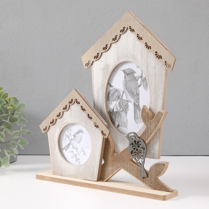 Фоторамка дерево на 2 фото 9х9 и 10х14 см Фоторамка дерево на 2 фото 9х9 и 10х14 см "Домики с птичкой на ветке" 29х5х32 см