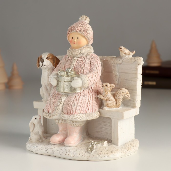 Сувенир полистоун "Девушка с подарочком и пёсиком на скамье" 13х8х14 см