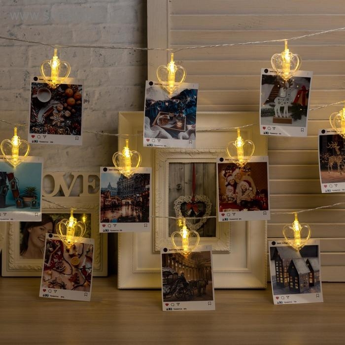 Гирлянда &laquo;Нить&raquo; 4.5 м с насадками &laquo;Прищепки-сердце&raquo;, IP20, прозрачная нить, 20 LED, свечение тёплое белое, 220 В