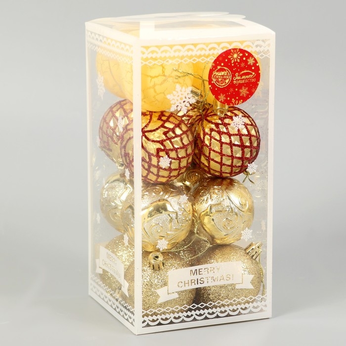 Набор шаров пластик d-6 см, 16 шт "Мелодия" грани треск, золото
