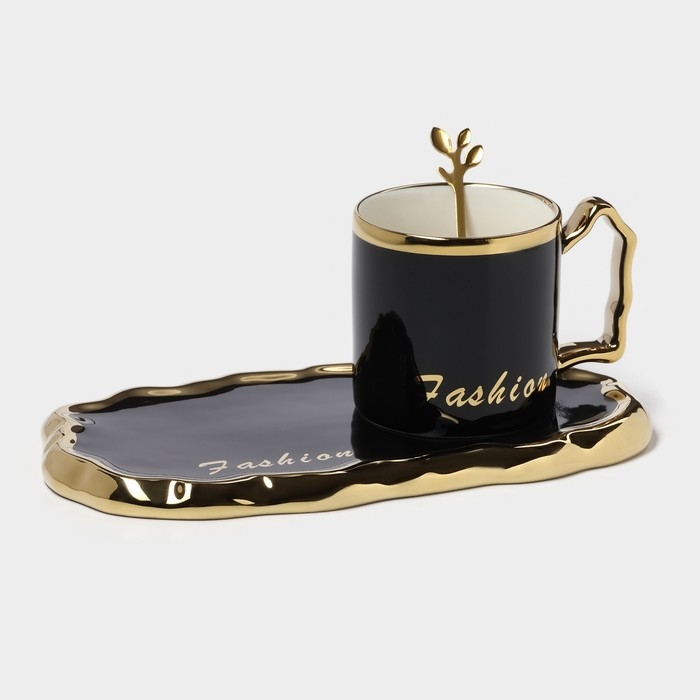 Чайная пара керамическая &laquo;Роскошь&raquo;, 3 предмета: кружка 250 мл, блюдце 23,5&times;13 см, ложка, цвет чёрный