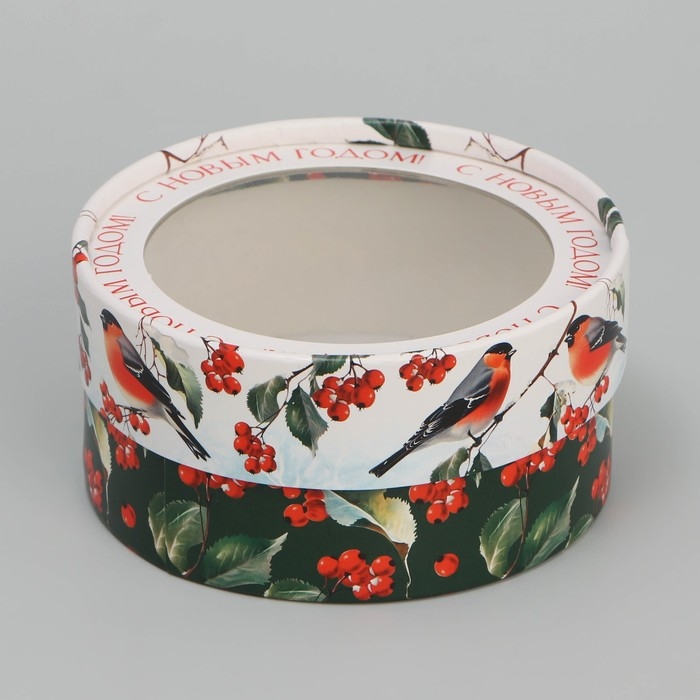 Коробка для макарун тубус с окном &laquo;Снегири&raquo;, 12 х 12 х 5 см, Новый год