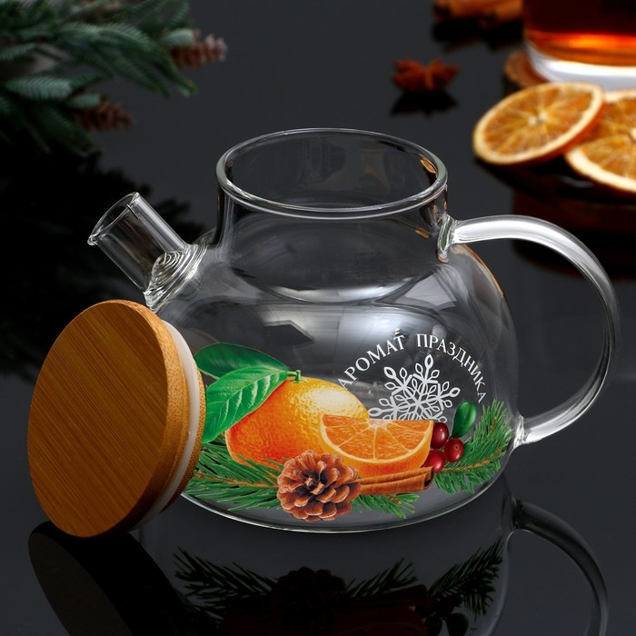 Новый год. Чайник заварочный стеклянный с бамбуковой крышкой &laquo;Аромат праздника&raquo;, 600 мл
