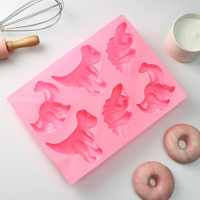 Форма для выпечки Доляна &laquo;Животные.Динозавры&raquo;, силикон, 29&times;21 см, 6 ячеек (10,4&times;7,2 см), цвет розовый