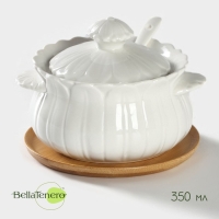 Сахарница фарфоровая с ложкой на бамбуковой подставке BellaTenero &laquo;Тюльпан&raquo;, 350 мл, цвет белый