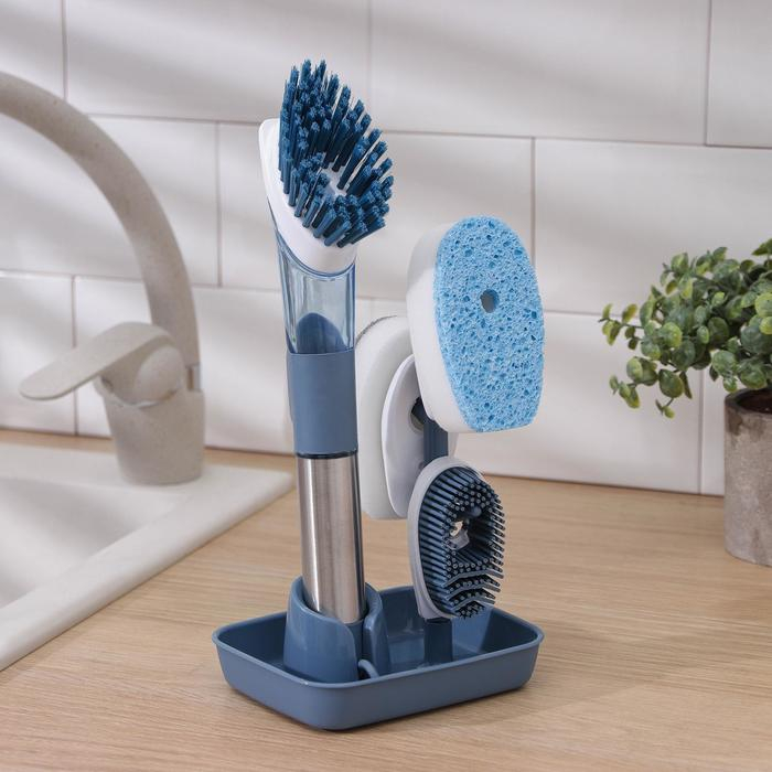 Набор для чистки посуды Raccoon &laquo;Практик&raquo;, ручка-дозатор, 4 щётки, держатель-стойка, цвет синий
