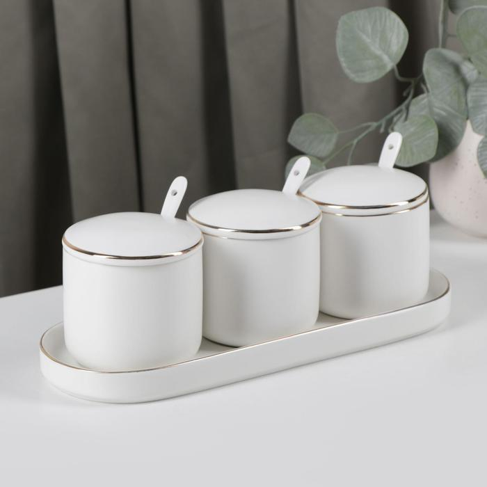 Банки для хранения сыпучих продуктов с ложками на подставке &laquo;Пастель&raquo;, 3 предмета: 250 мл, 8&times;8 см, керамические, цвет белый