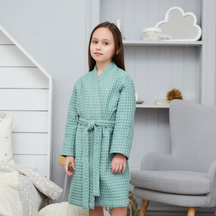 Халат вафельный детский Крошка Я Халат вафельный детский Крошка Я "Boho" размер 34 (122-128 см) цвет мятный, 100% хлопок 290 г/м2