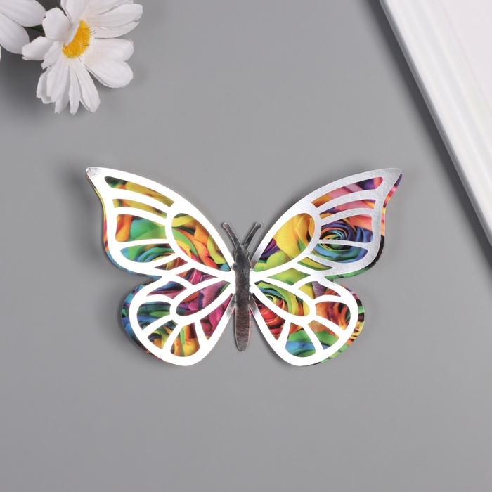 Наклейка бумага, пластик "Бабочки, цветные пятна" серебро набор 12 шт 12 см, 10 см 8 см