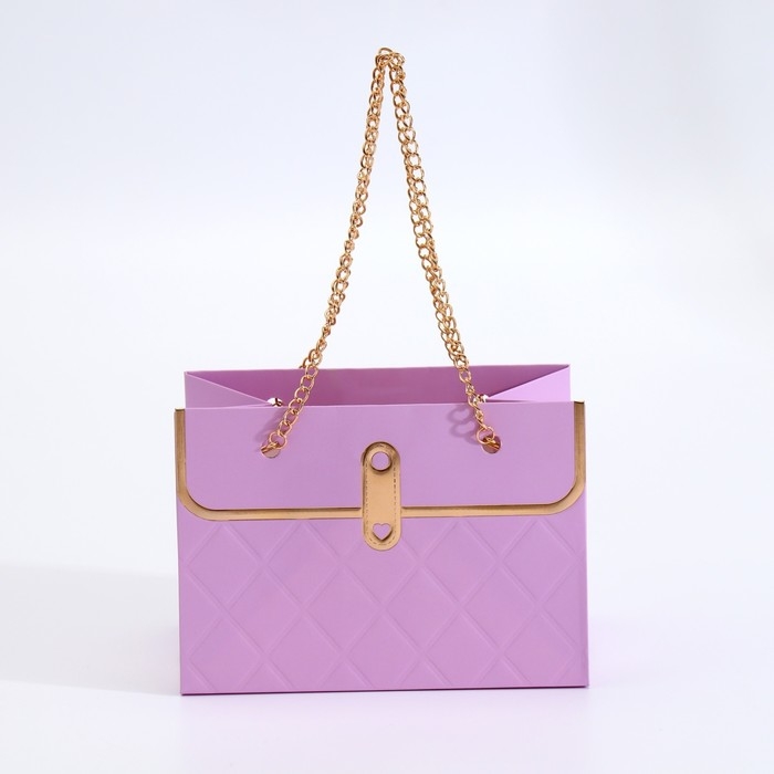 Пакет для цветов, ручка цепь, "Сиреневый", с золотым тиснением, 15 х 10,5 х 10 см
