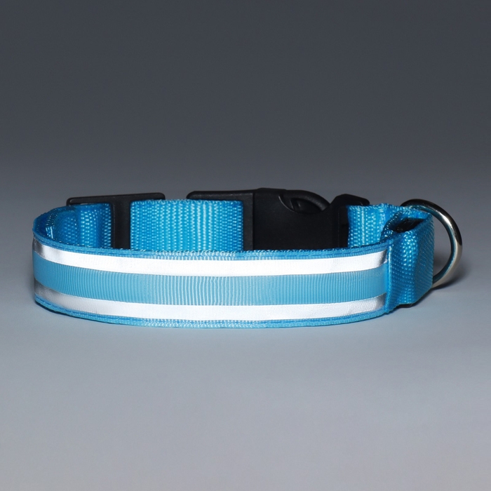 Ошейник с подсветкой Двойная полоса размер M, ОШ 40-48 х 2,5 см, 3 режима свечения голубой 977224