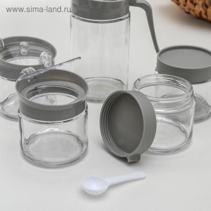 Набор стеклянных ёмкостей для сыпучих продктов с кувшином для масла «Модерн», 5 шт, цвет серый Набор стеклянных ёмкостей для сыпучих продктов с кувшином для масла «Модерн», 5 шт, цвет серый