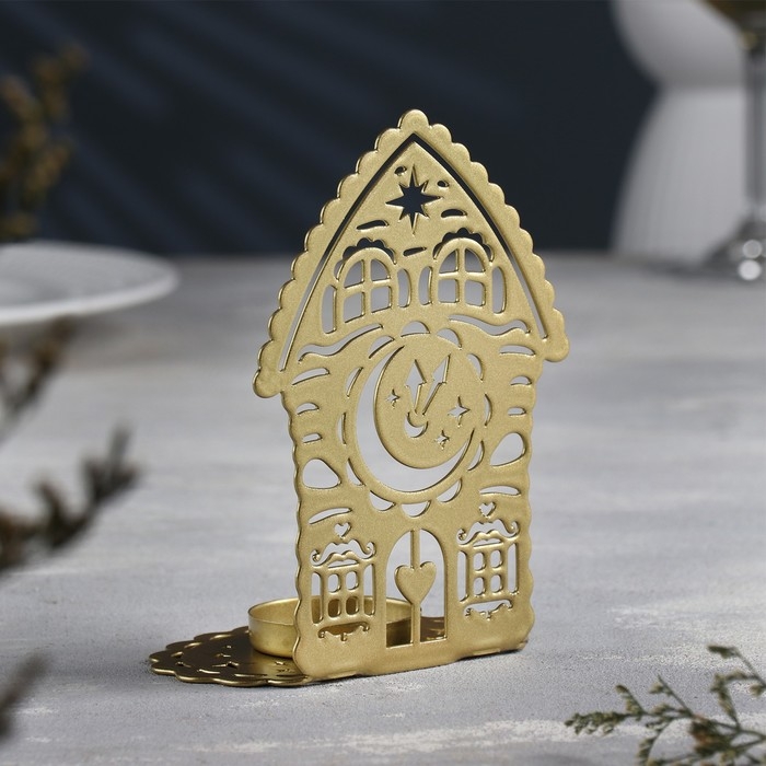 Подсвечник "Домик с часами" металл на одну свечу, 6,7х10х13,5 см, золотой