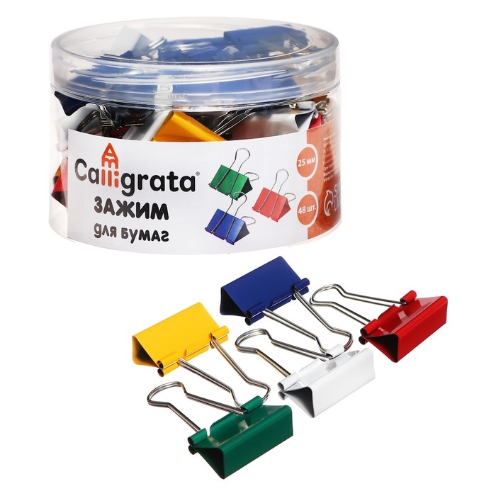 Набор зажимов для бумаг цветных 25мм, 48 штук, 4 цвета, в пластиковой тубе Набор зажимов для бумаг цветных 25мм, 48 штук, 4 цвета, в пластиковой тубе