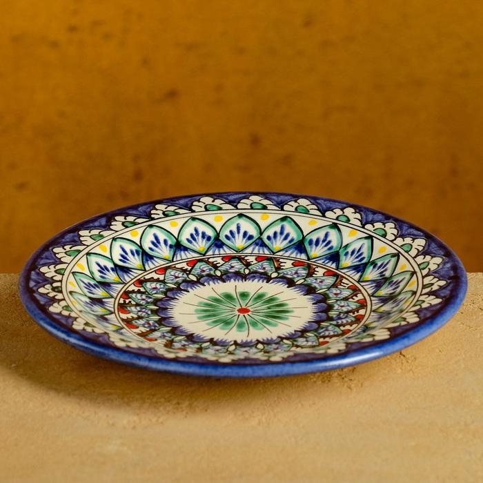 Тарелка Риштанская Керамика "Цветы", синяя, плоская, 17 см, микс
