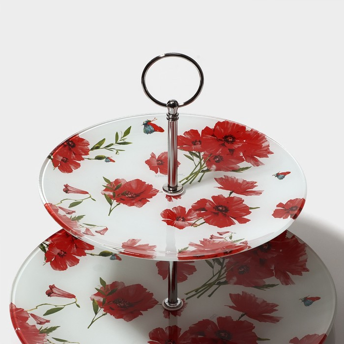 Этажёрка - фруктовница круглая Доляна «Красные маки», 2 яруса, d=25/20 см, стекло, цвет белый Этажёрка - фруктовница круглая Доляна «Красные маки», 2 яруса, d=25/20 см, стекло, цвет белый