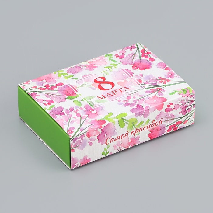 Коробка складная для 6 конфет без окна Коробка складная для 6 конфет без окна "С 8 марта", 13,7 х 9,8 х 3,8 см. Кондитерская упаковка