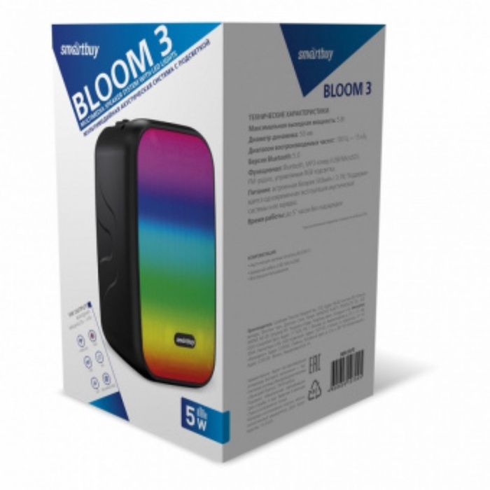 Портативная колонка Smartbuy BLOOM 3, 5 Вт, 500мАч, BT, USB, MP3, FM, RGB, черная Портативная колонка Smartbuy BLOOM 3, 5 Вт, 500мАч, BT, USB, MP3, FM, RGB, черная