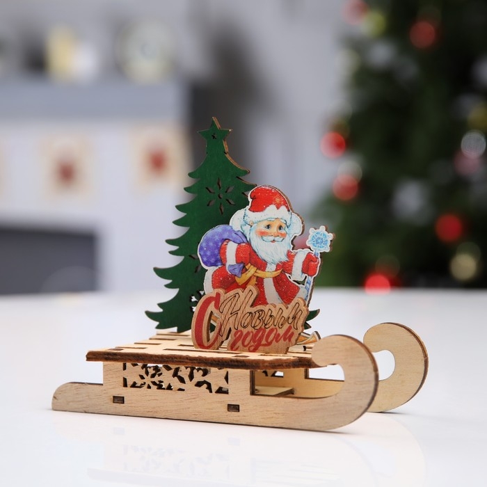 Светодиодная фигура &laquo;Сани с Дедом Морозом&raquo; 15.5 &times; 12 &times; 5.5 см, дерево, батарейки LR1130х3 (в комплекте), свечение тёплое белое