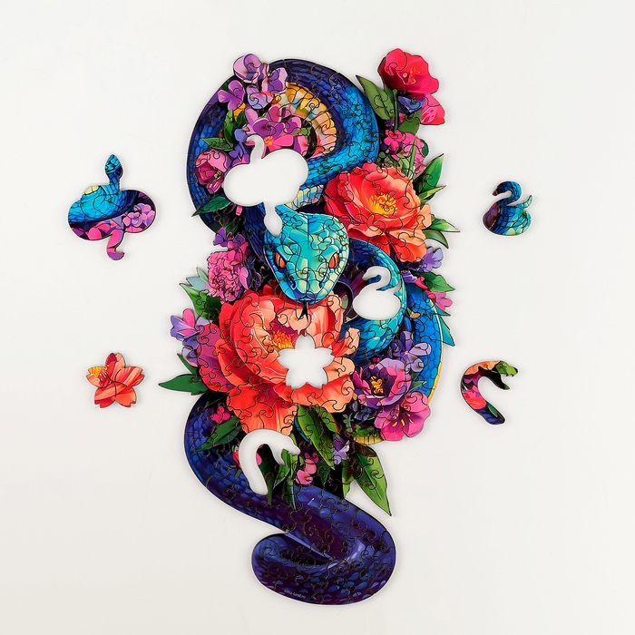 Пазлы фигурные деревянные на новый год &laquo;Змея с цветами&raquo;, 134 элементов, символ года 2025