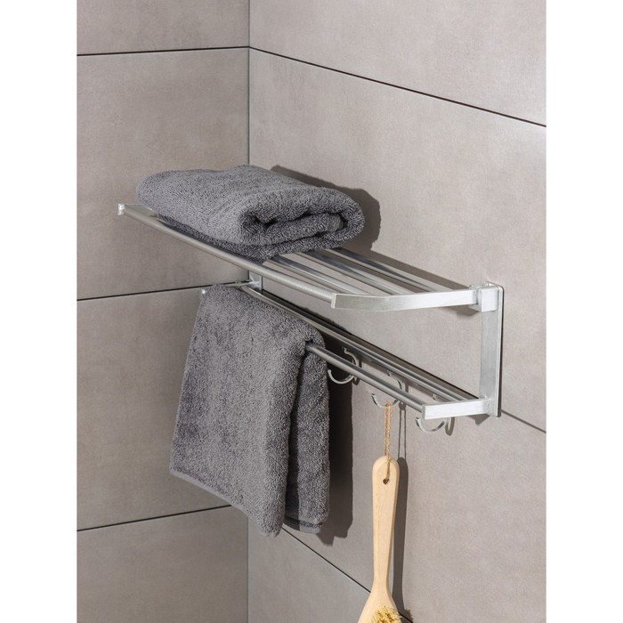 Полка откидная с держателем полотенец, 5 двигающихся крючков, 59,5×20,5×15 см, алюминий Полка откидная с держателем полотенец, 5 двигающихся крючков, 59,5×20,5×15 см, алюминий