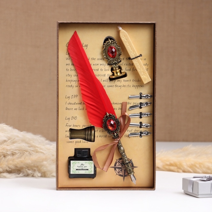 Набор подарочный 5в1 "Реликвия": перьевая ручка красная, чернила, наконечники, печать, воск