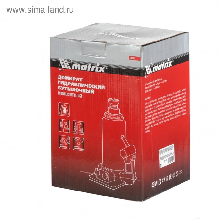 Домкрат гидравлический MATRIX 50778, бутылочный, 20 т, высота подъема 244-449 мм