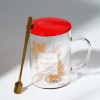 Кружка с ложкой и крышкой стеклянная Дорого внимание &laquo;Волшебного нового года&raquo;, 470 мл