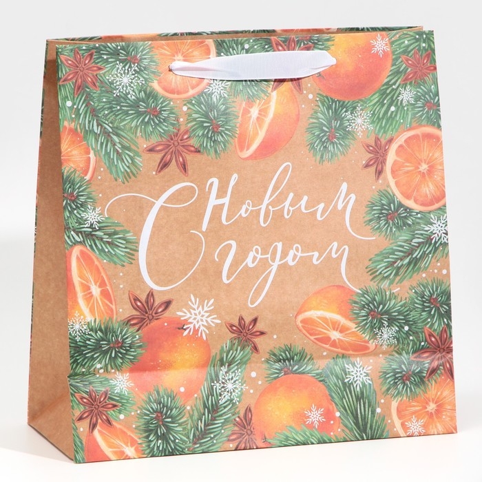 Пакет подарочный новогодний крафтовый квадратный &laquo;С Новым годом&raquo;, 30 х 30 х 12 см, Новый год