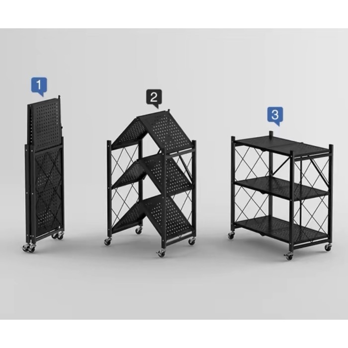 Стеллаж складной на колесах, 3 полки, 71&times;34&times;88 см, цвет чёрный матовый
