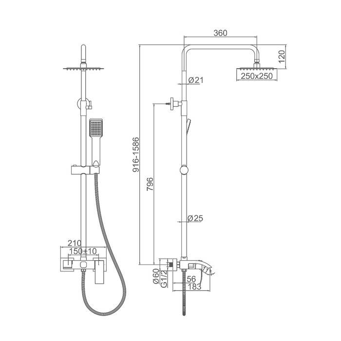 Душевая система Accoona A83206, однорычажный, излив 183 мм, тропический душ, лейка, сатин
