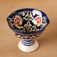 Конфетница Риштанская Керамика "Цветы", синяя 14 см, Конфетница Риштанская Керамика "Цветы", синяя 14 см,