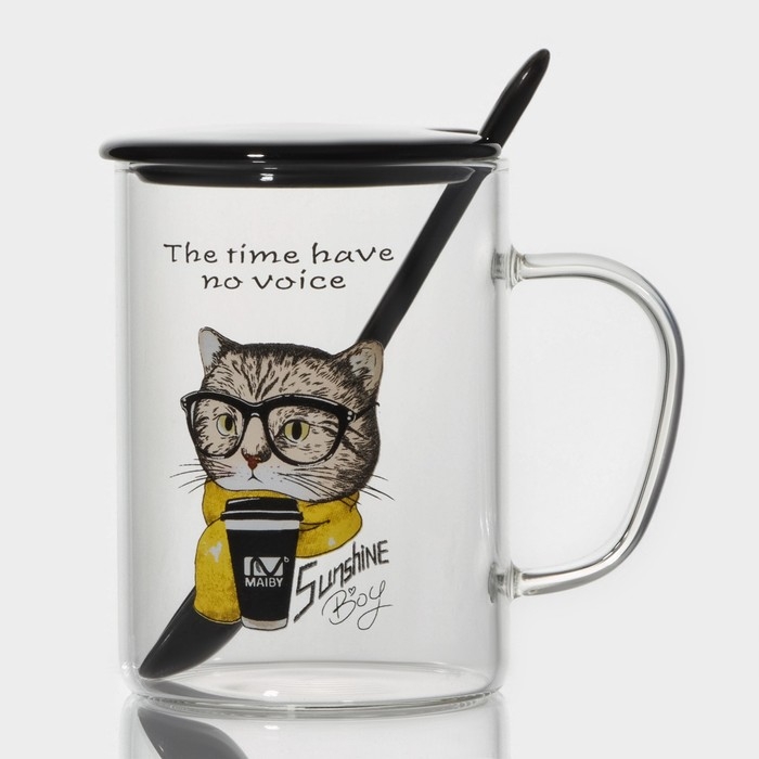 Кружка стеклянная с керамической крышкой и ложкой &laquo;Хипстер&raquo;, 450 мл, рисунок МИКС