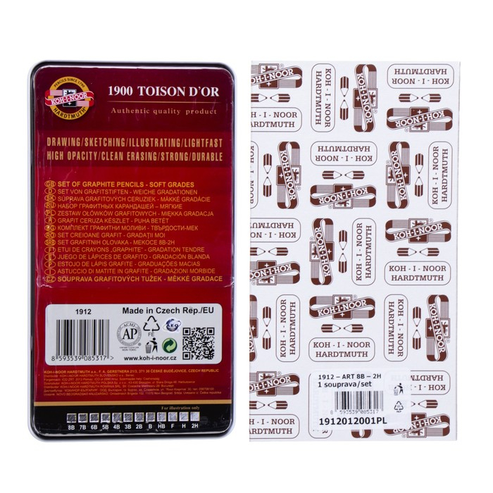 Набор карандашей чернографитных разной твердости 12 штук Koh-i-Noor 1912, 8B-2H, утолщённые, в металлическом пенале Набор карандашей чернографитных разной твердости 12 штук Koh-i-Noor 1912, 8B-2H, утолщённые, в металлическом пенале