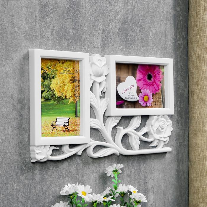 Фоторамка пластик на 2 фото 10х15 см Фоторамка пластик на 2 фото 10х15 см "3 розы" белая 34х20 см